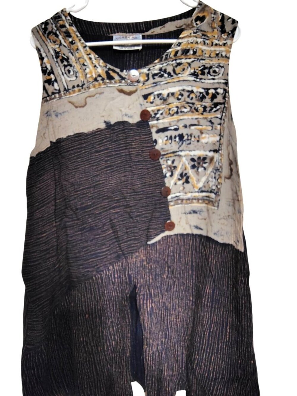 Tienda Ho Sleeveless Button Front Large Top, Mixed Media Lagenlook Art to Wear